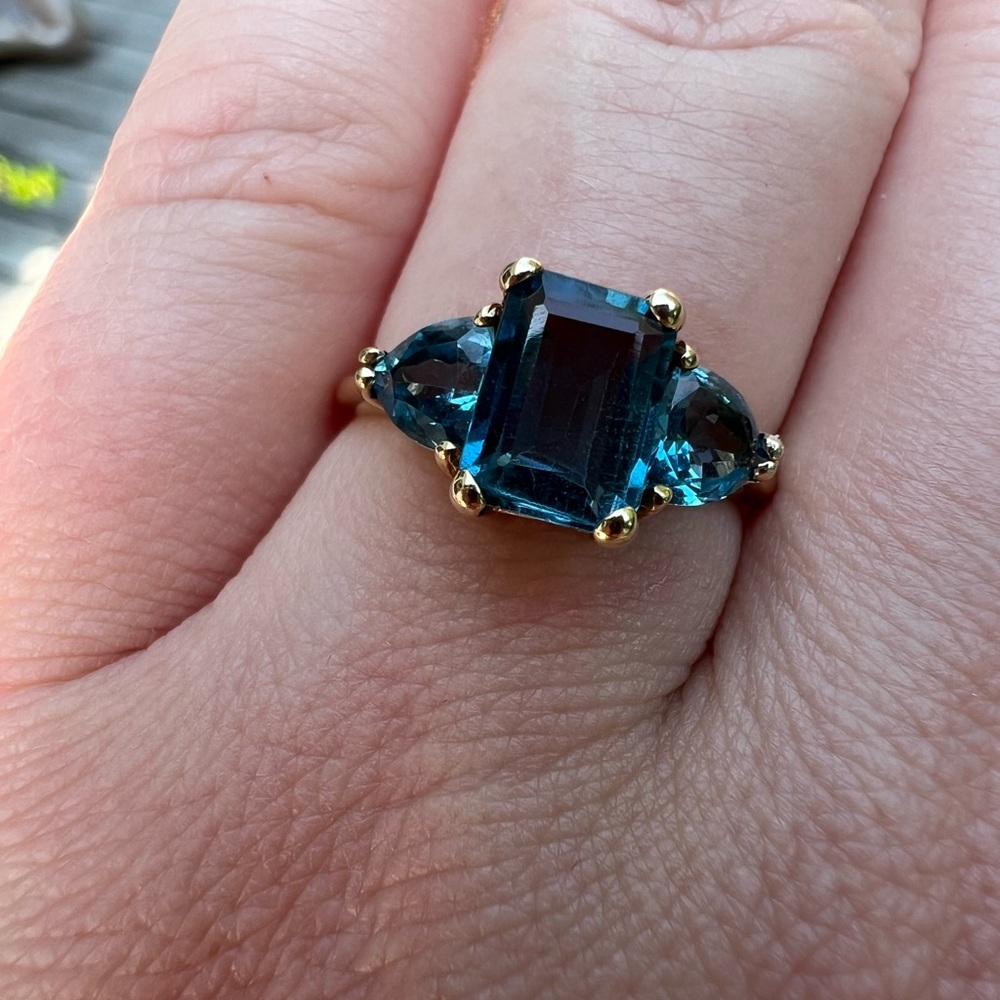 14K Yellow Gold 3 Stone London Blue Topaz Ring